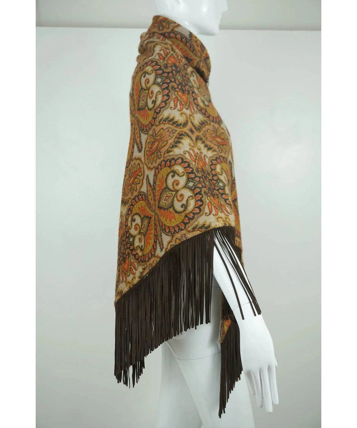 Etro Cashmere Print Cape Leather Fringe One Size