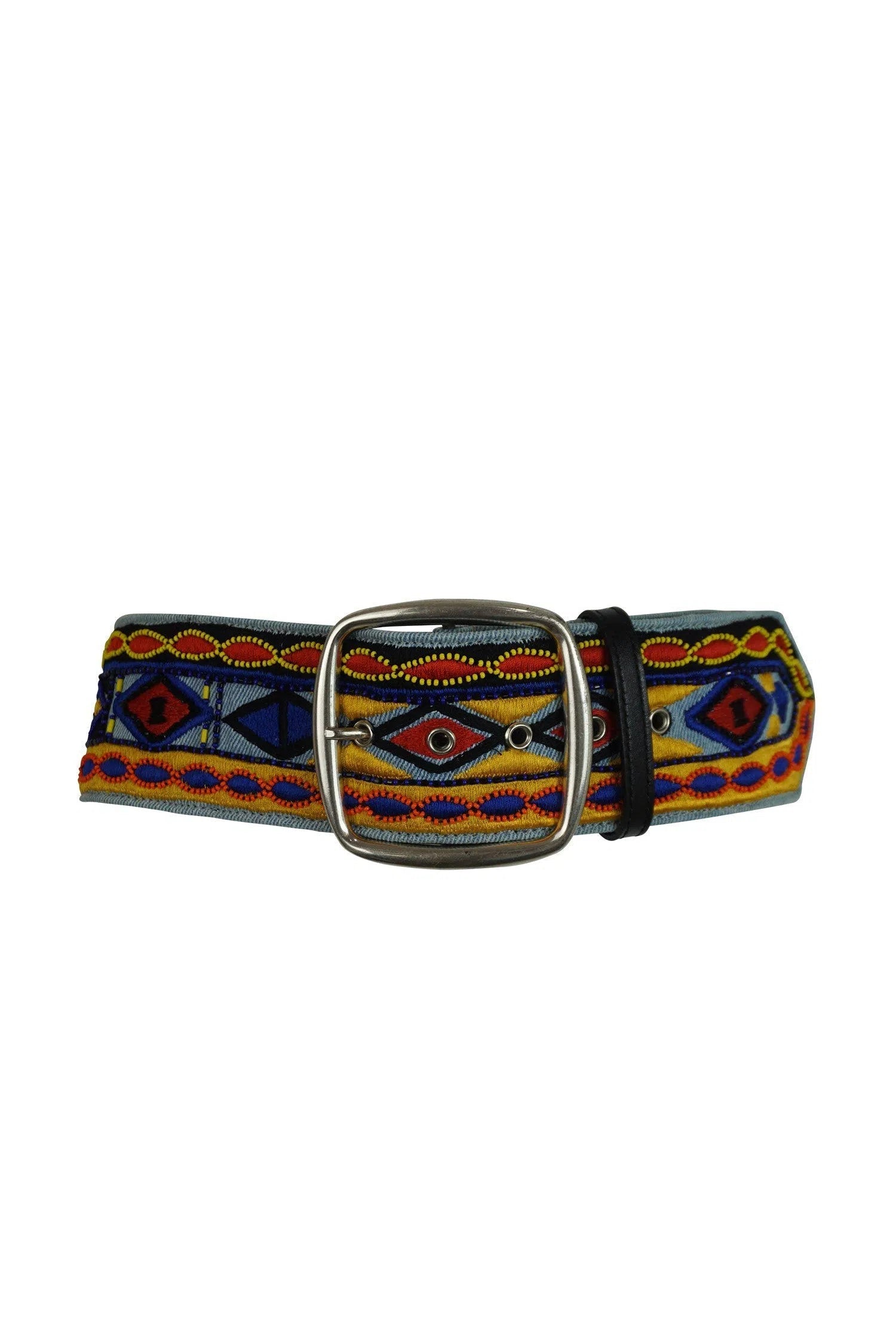 Etro Denim Beaded Wide Belt with Silver Buckle - Foxy Couture Carmel