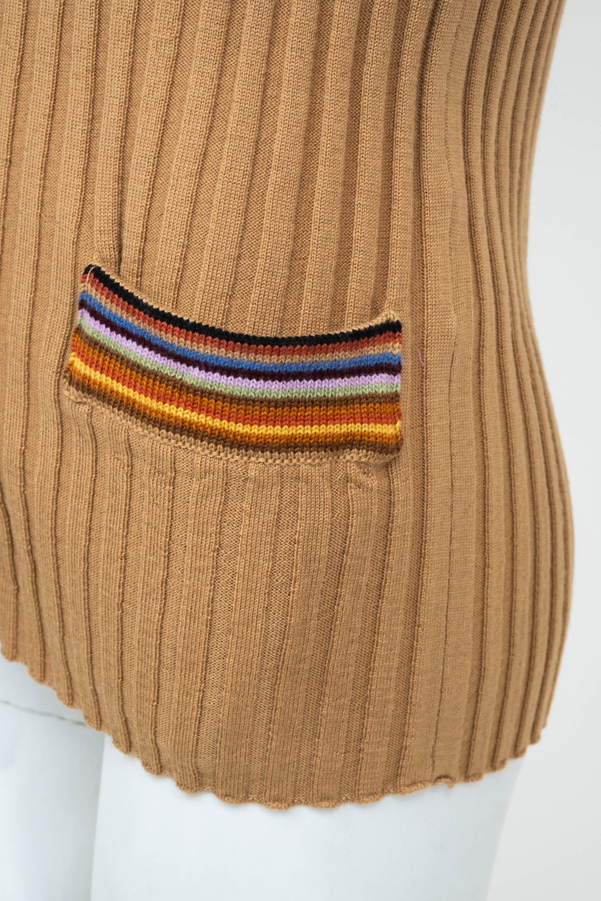 Etro Tan and Rainbow Trim Rib Knit Wool Cardigan Size 46/10