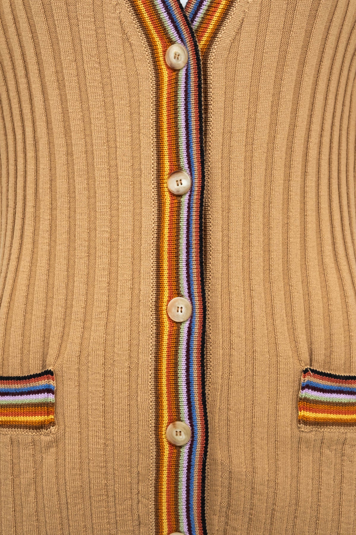 Etro Tan and Rainbow Trim Rib Knit Wool Cardigan Size 46/10