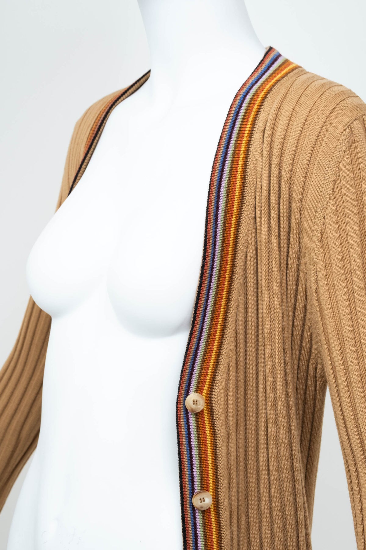 Etro Tan and Rainbow Trim Rib Knit Wool Cardigan Size 46/10