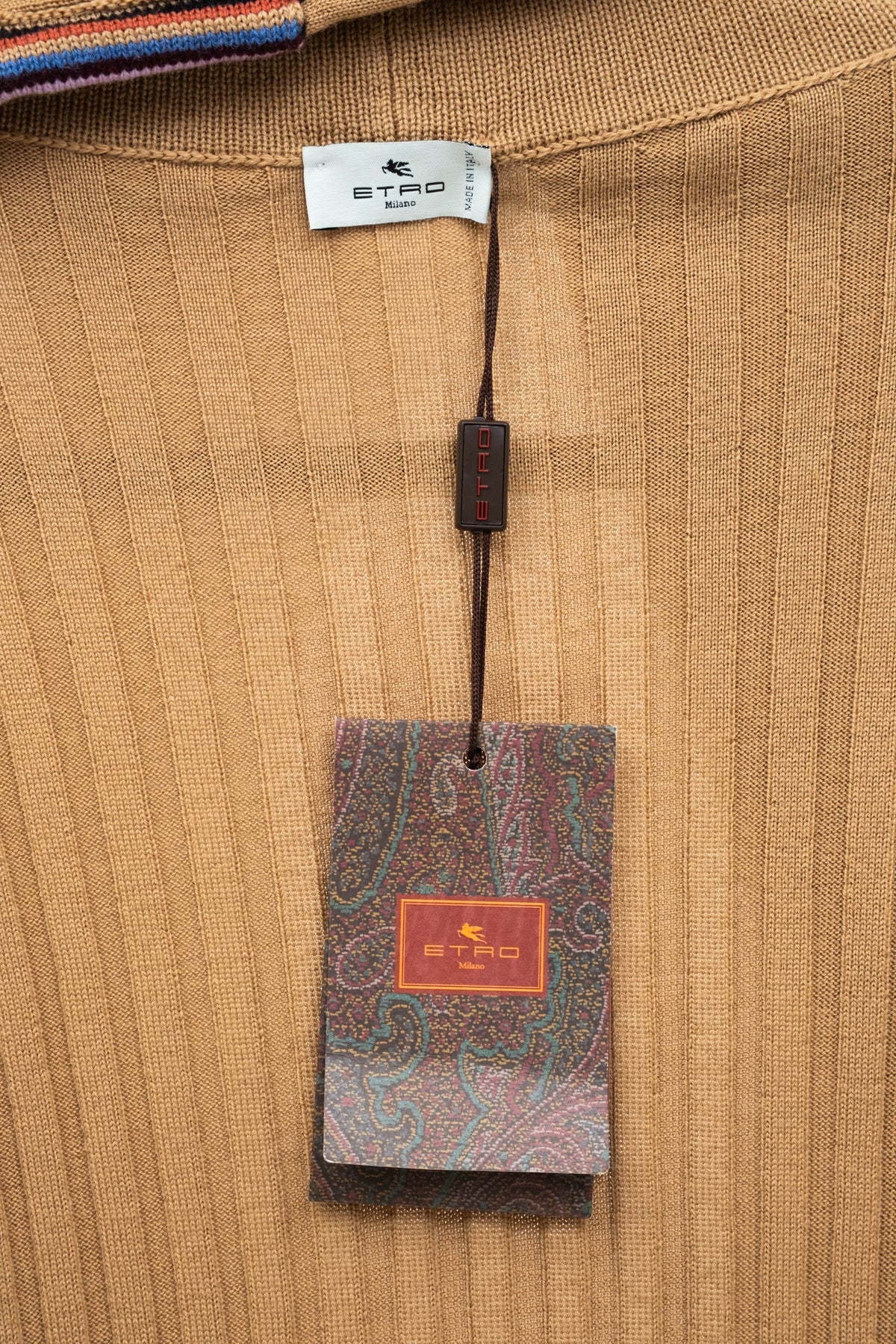 Etro Tan and Rainbow Trim Rib Knit Wool Cardigan Size 46/10