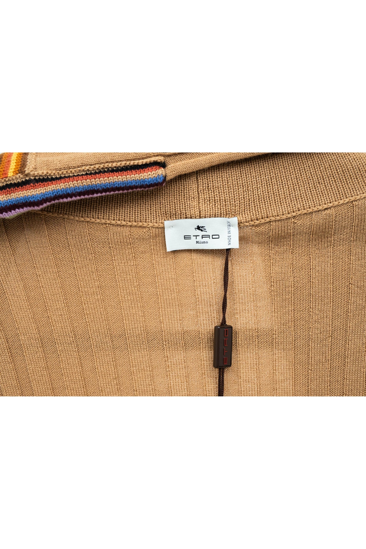 Etro Tan and Rainbow Trim Rib Knit Wool Cardigan Size 46/10