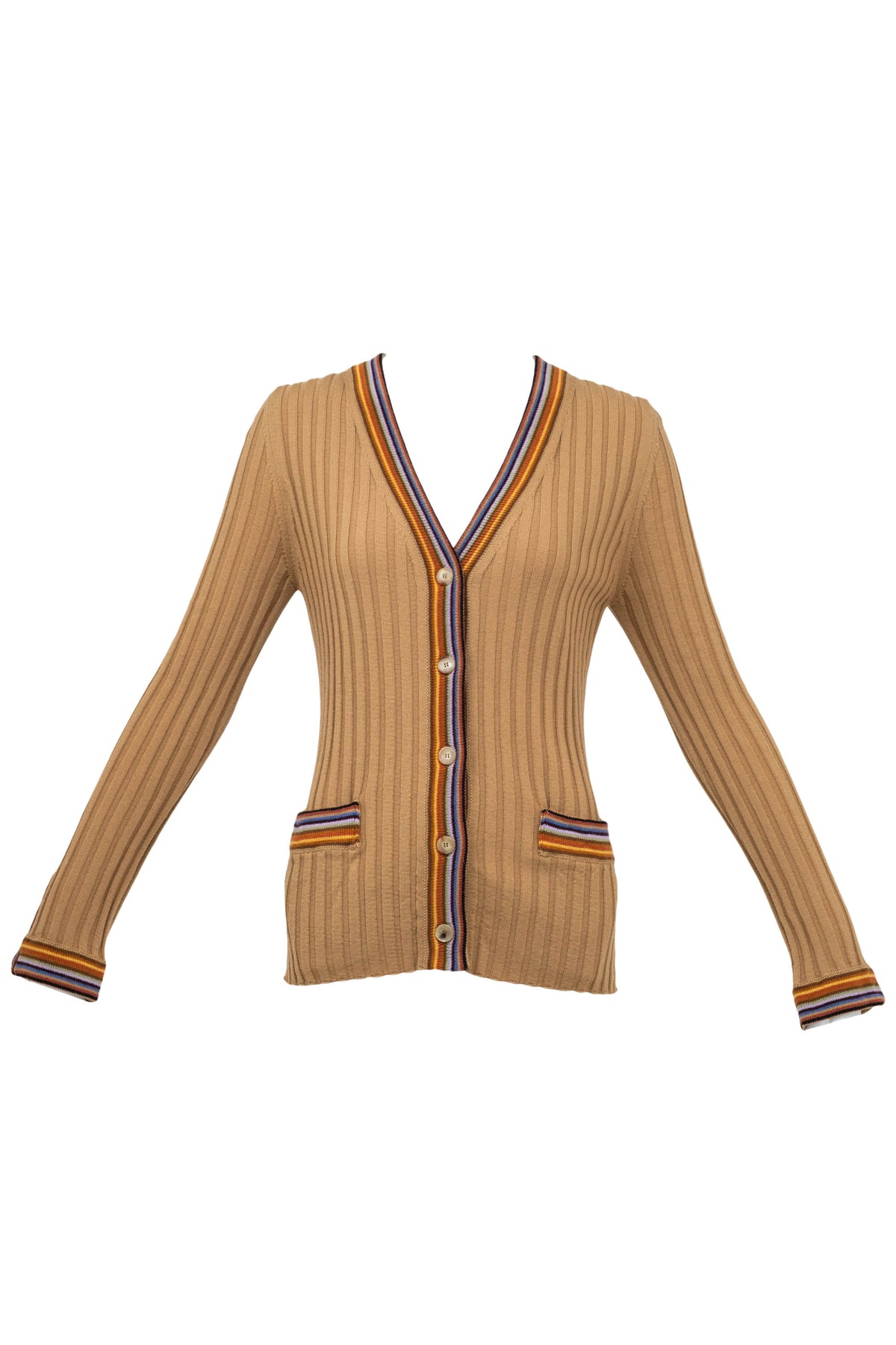 Etro Tan and Rainbow Trim Rib Knit Wool Cardigan Size 46/10