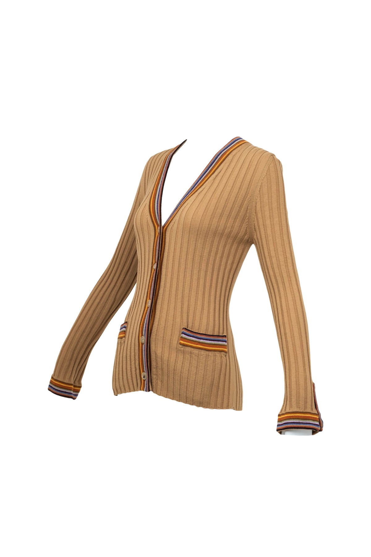 Etro Tan and Rainbow Trim Rib Knit Wool Cardigan Size 46/10