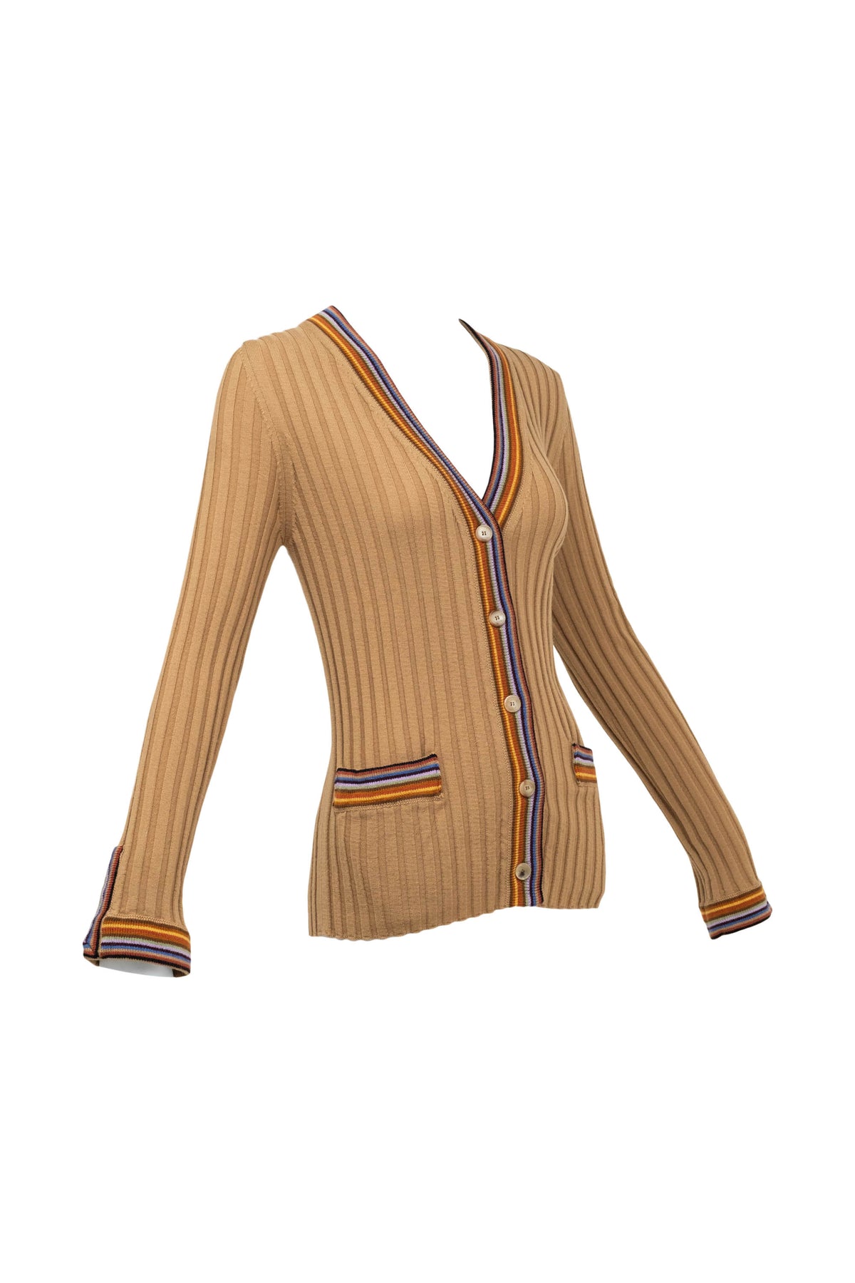 Etro Tan and Rainbow Trim Rib Knit Wool Cardigan Size 46/10