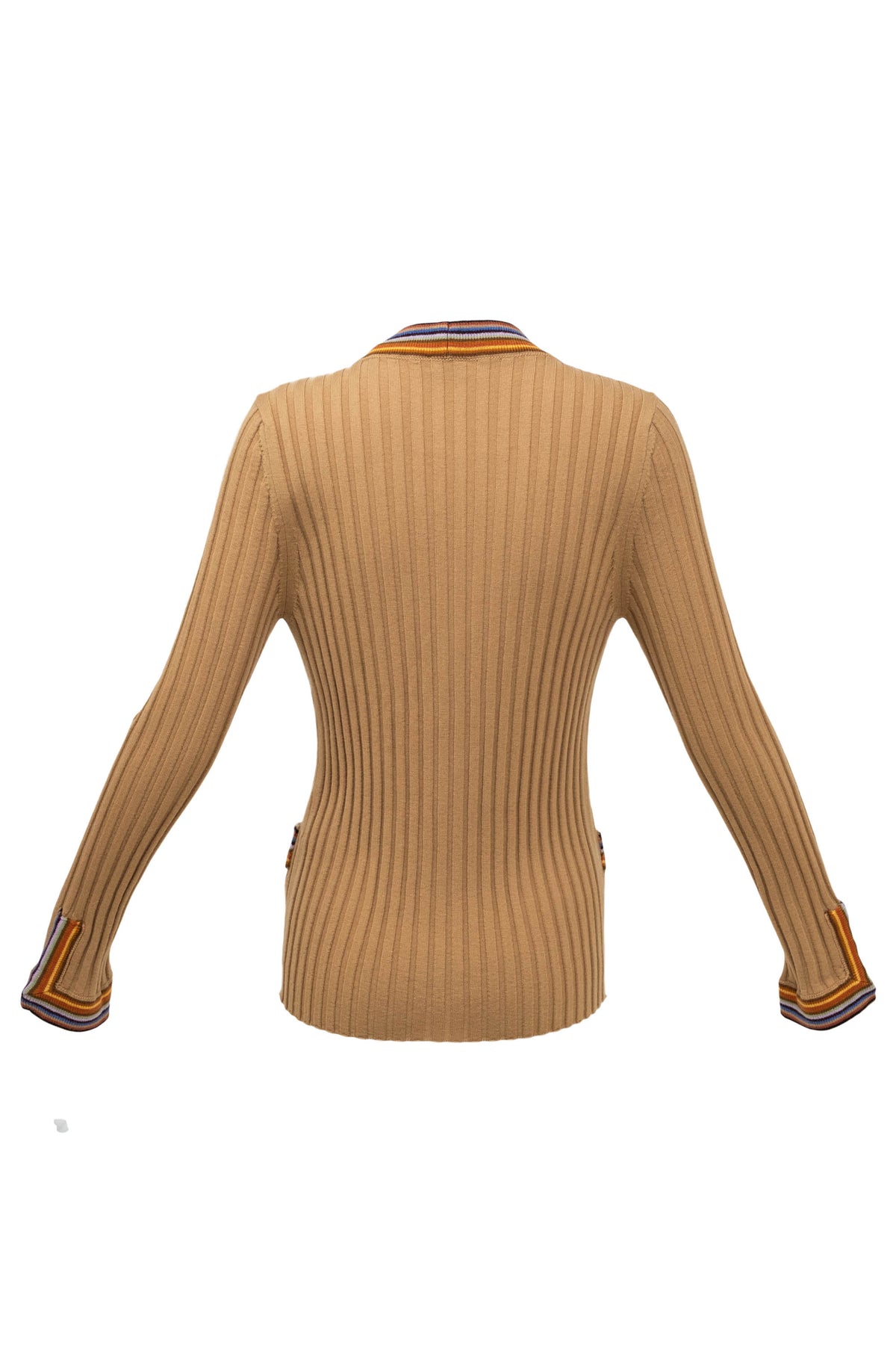 Etro Tan and Rainbow Trim Rib Knit Wool Cardigan Size 46/10