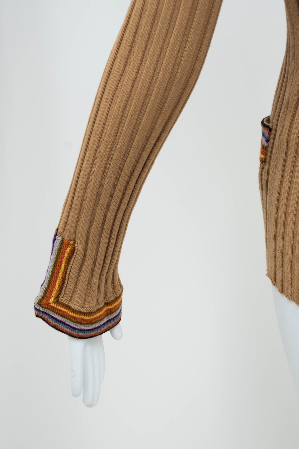 Etro Tan and Rainbow Trim Rib Knit Wool Cardigan Size 46/10