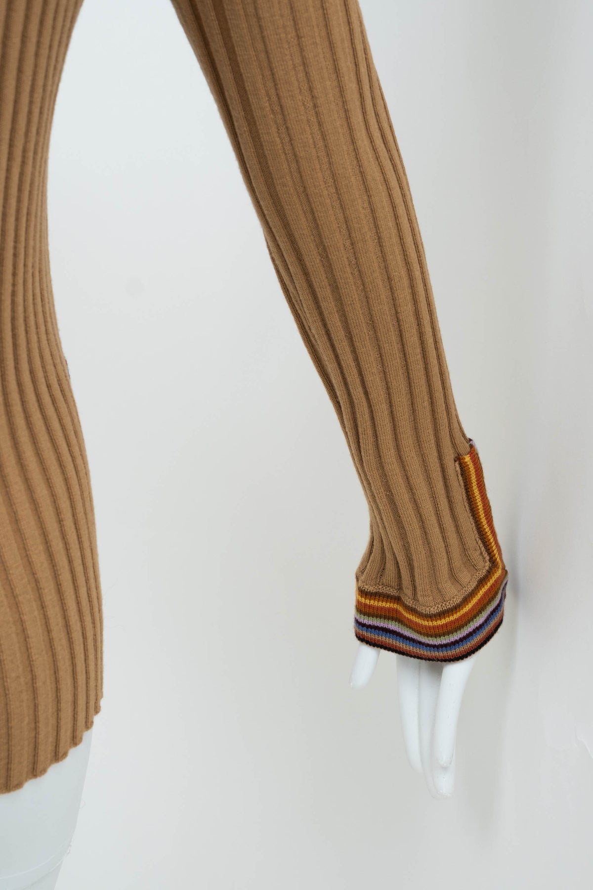Etro Tan and Rainbow Trim Rib Knit Wool Cardigan Size 46/10