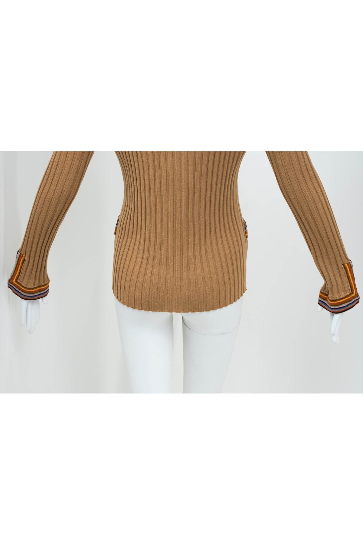 Etro Tan and Rainbow Trim Rib Knit Wool Cardigan Size 46/10