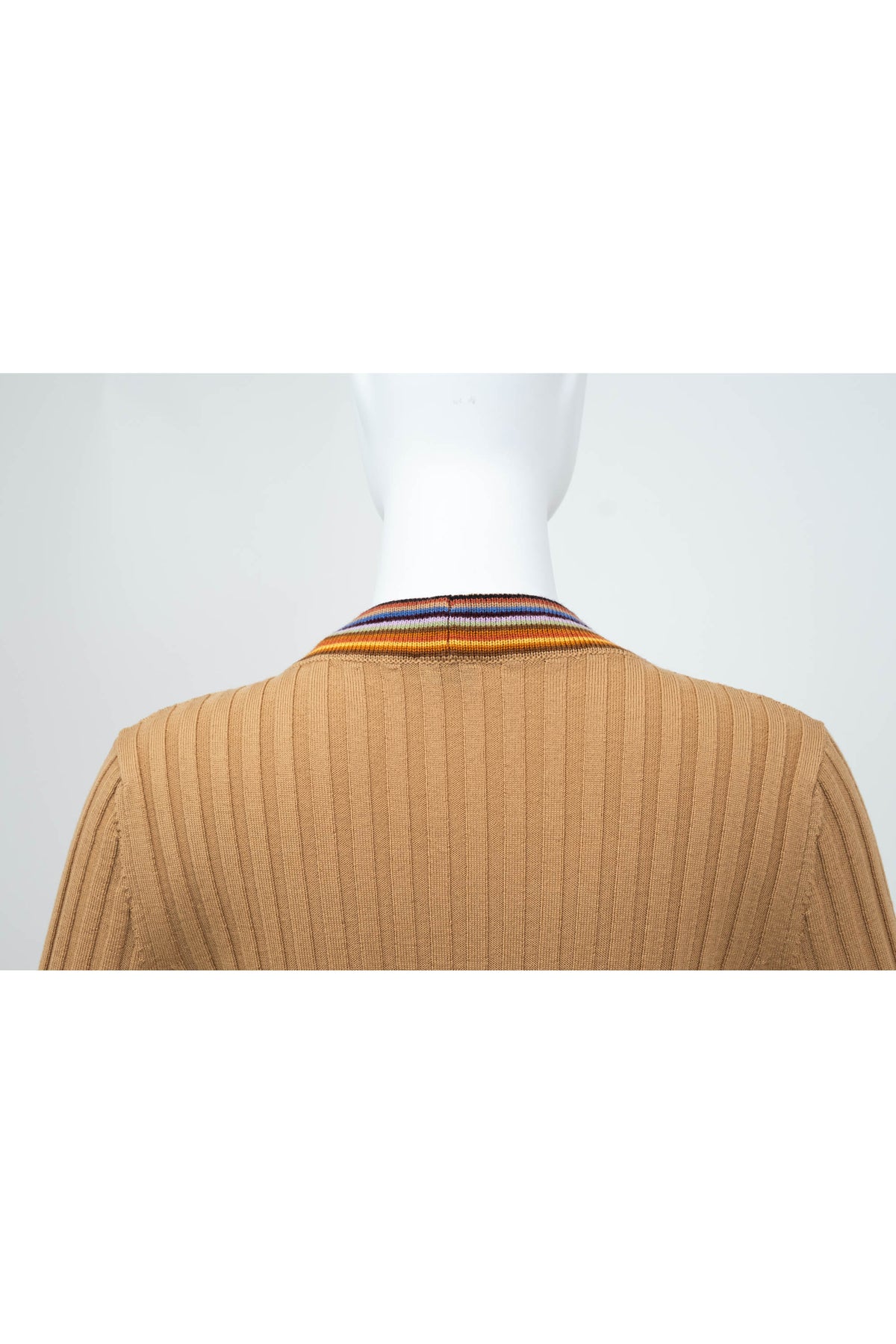 Etro Tan and Rainbow Trim Rib Knit Wool Cardigan Size 46/10