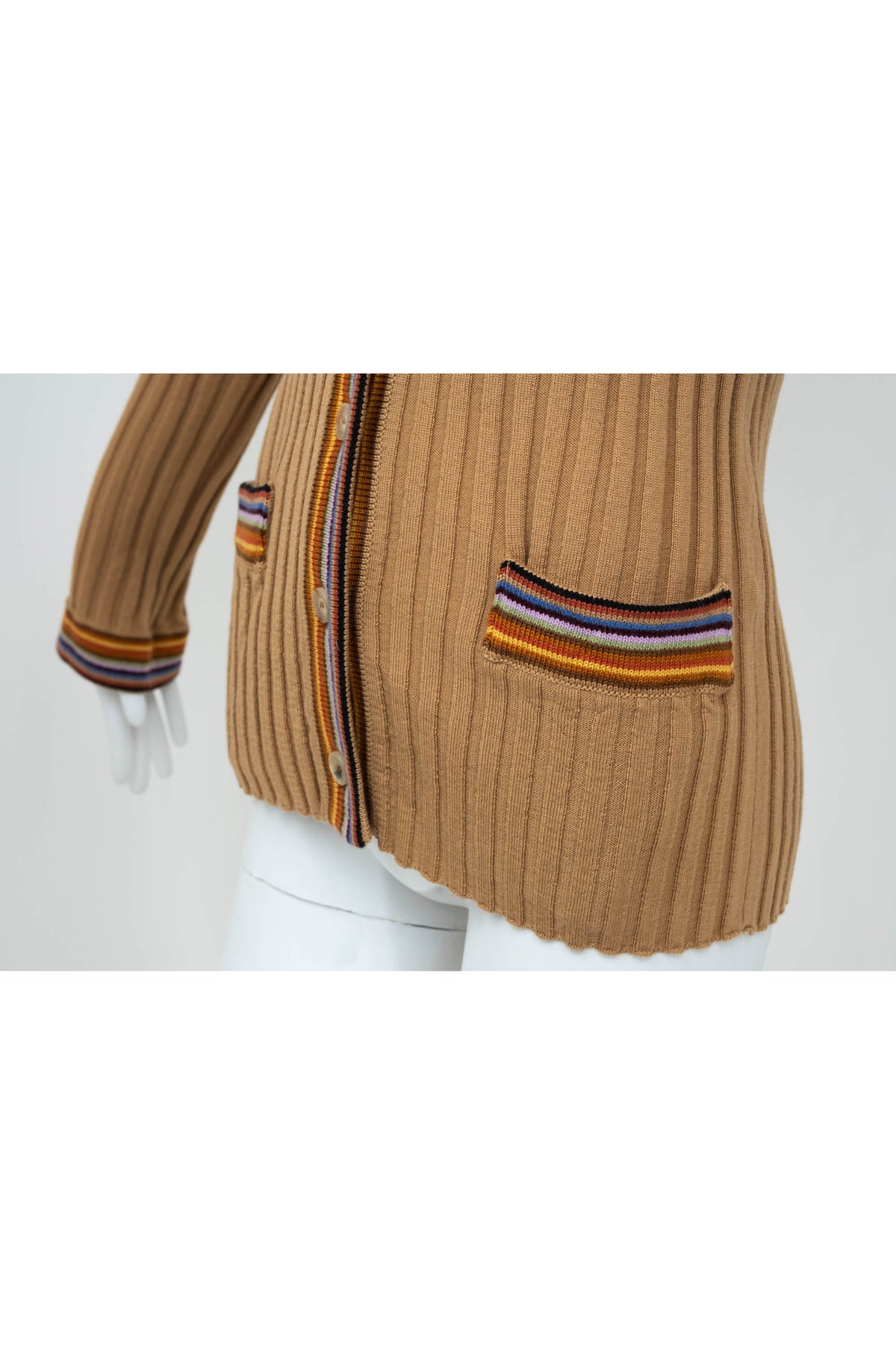 Etro Tan and Rainbow Trim Rib Knit Wool Cardigan Size 46/10