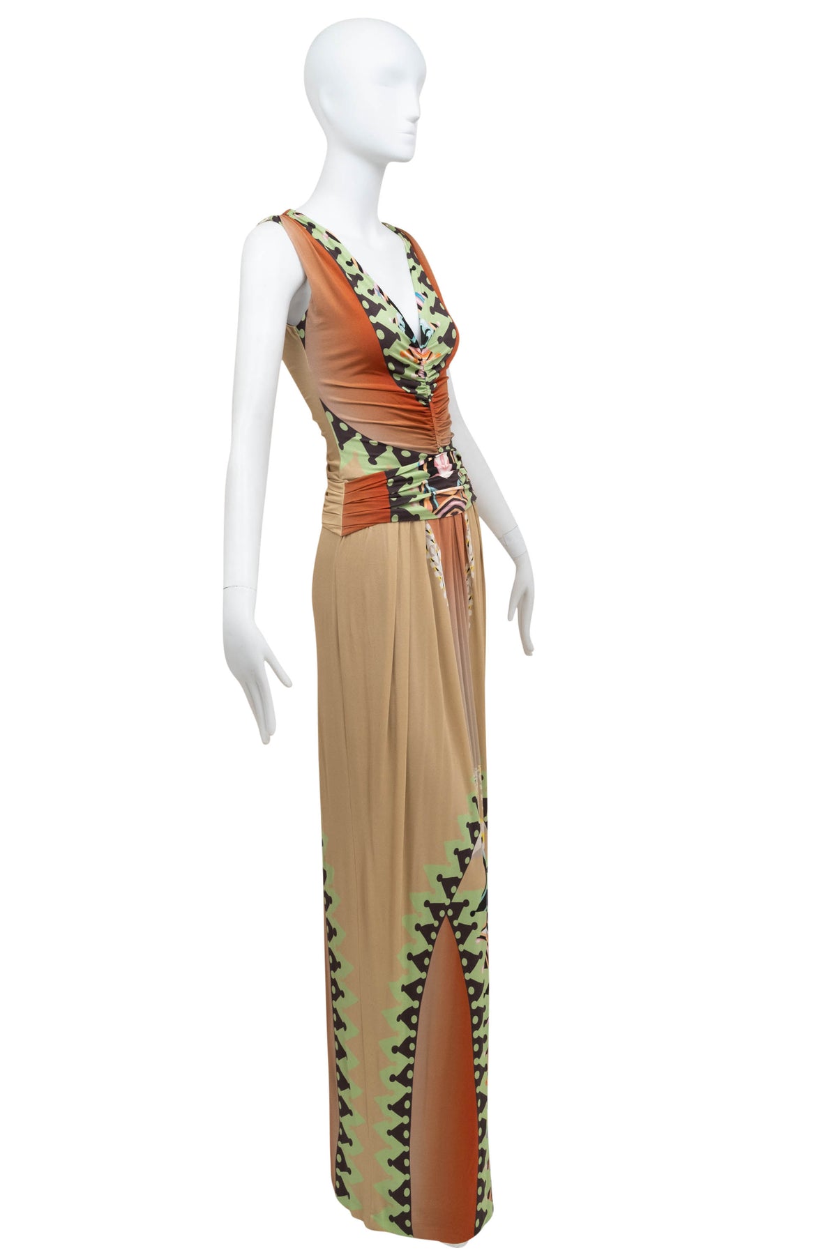 Etro beige and green print silk jersey maxi dress