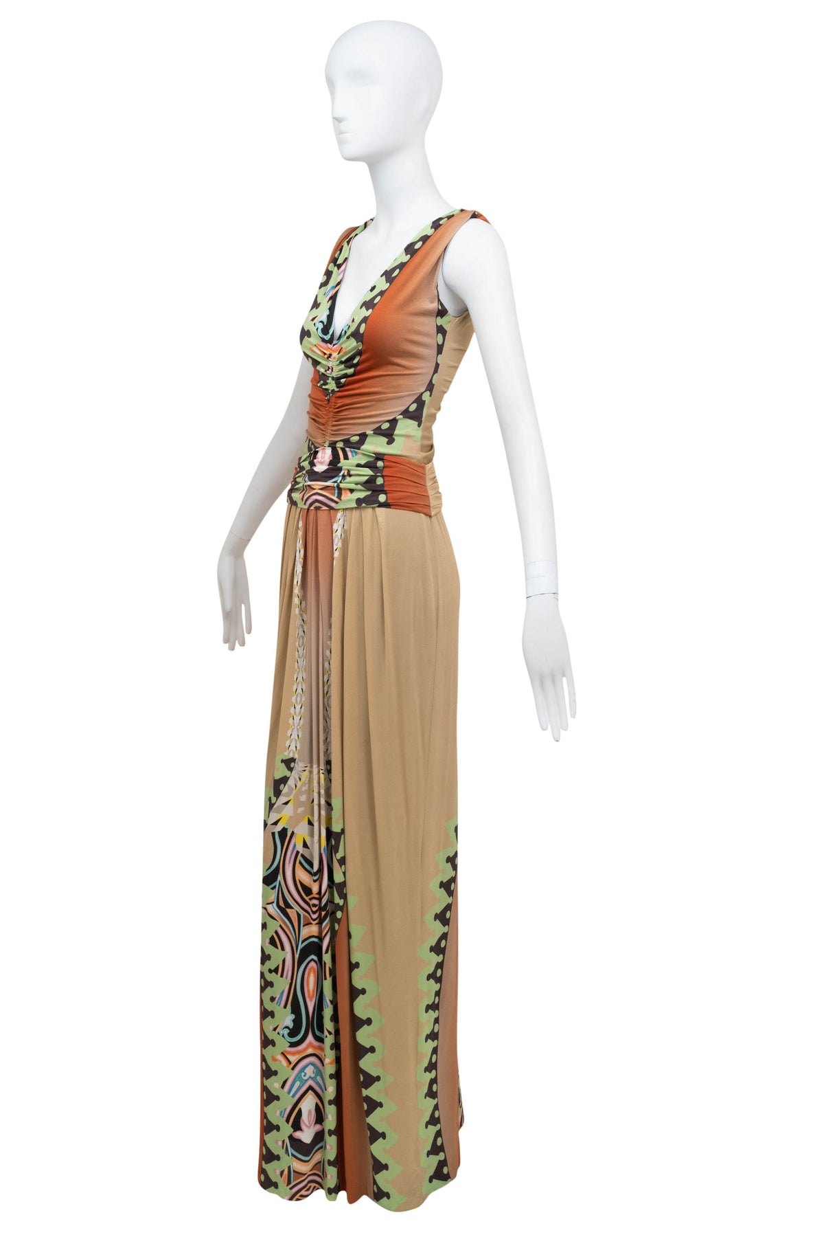 Etro beige and green print silk jersey maxi dress