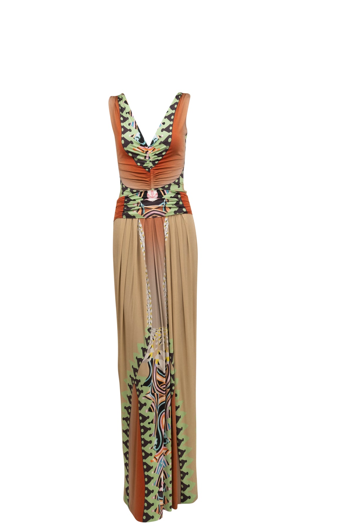 Etro beige and green print silk jersey maxi dress