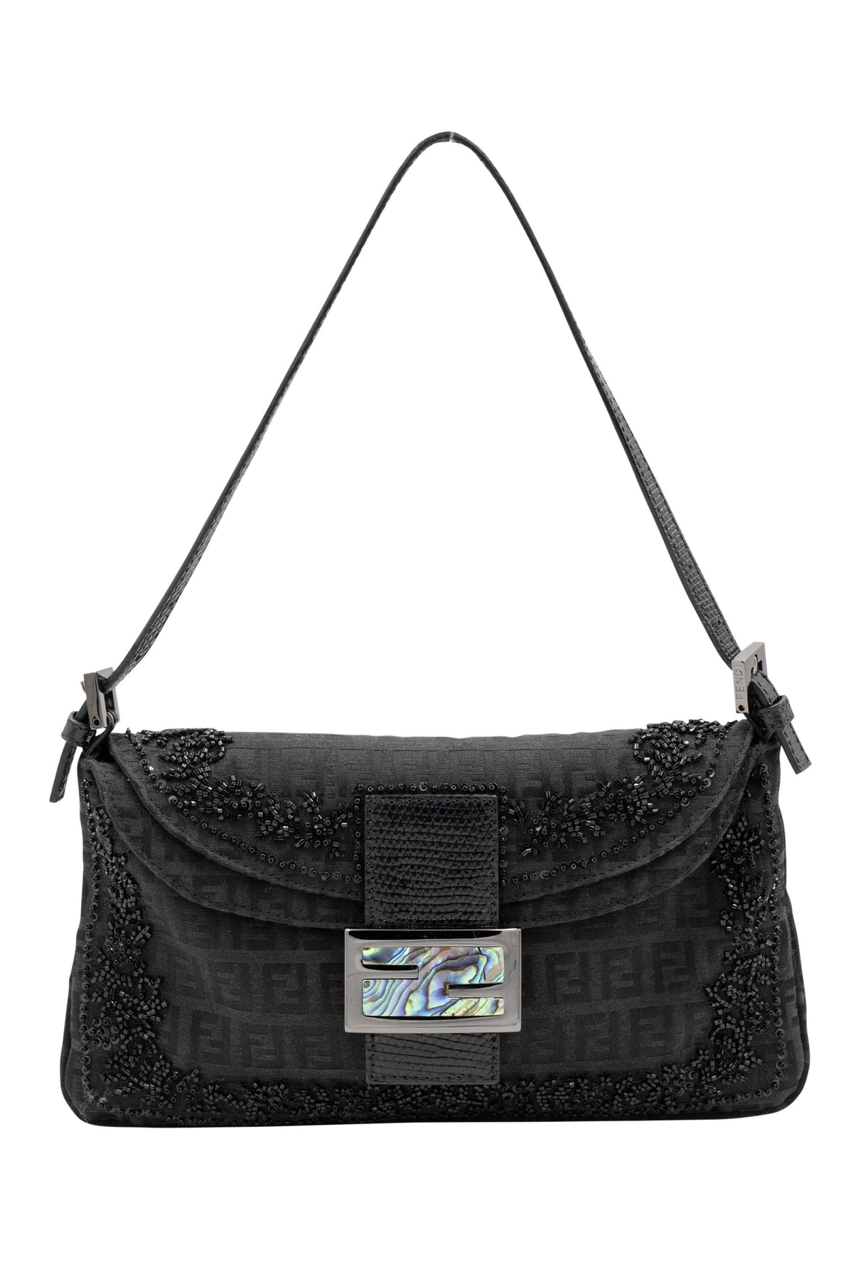 Fendi black zucchino bead abalone clasp baguette purse