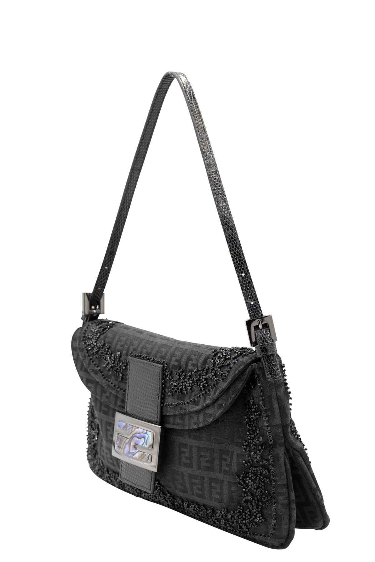 Fendi black zucchino bead abalone clasp baguette purse