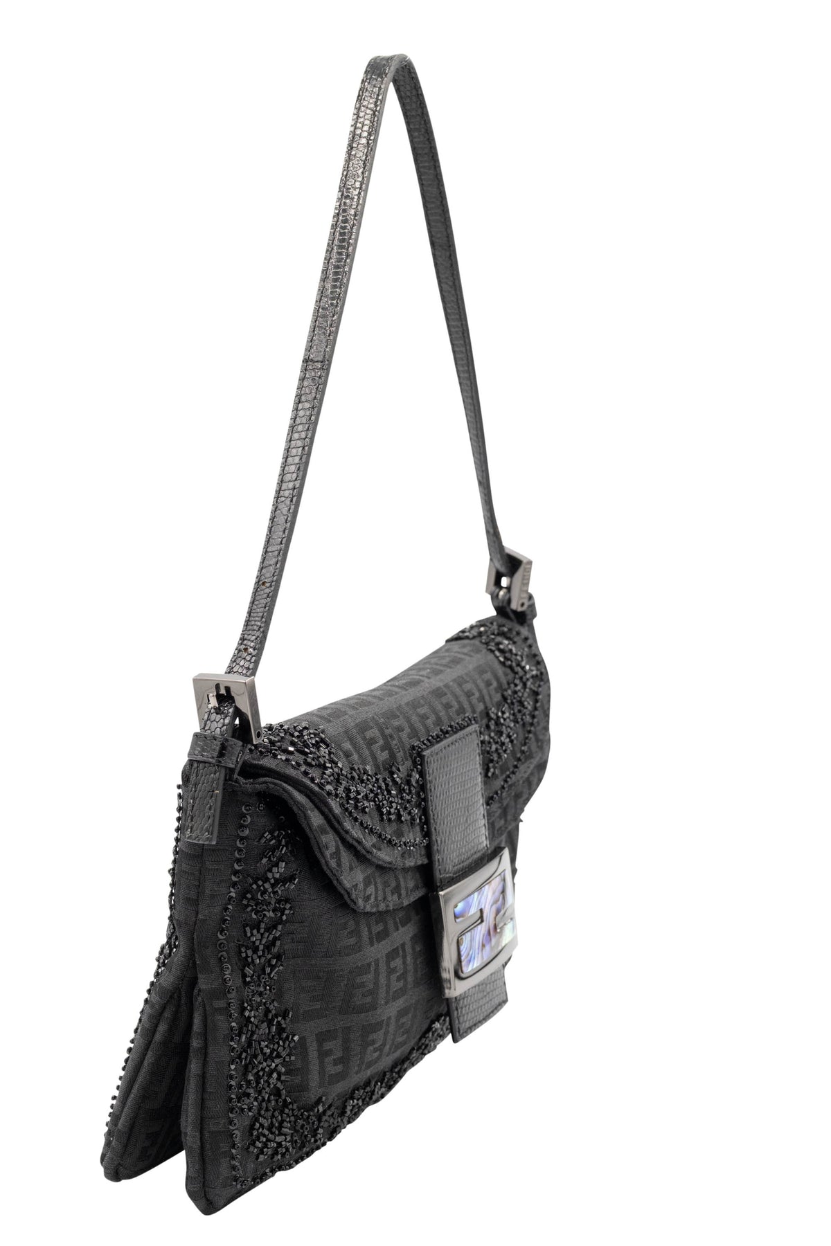 Fendi black zucchino bead abalone clasp baguette purse