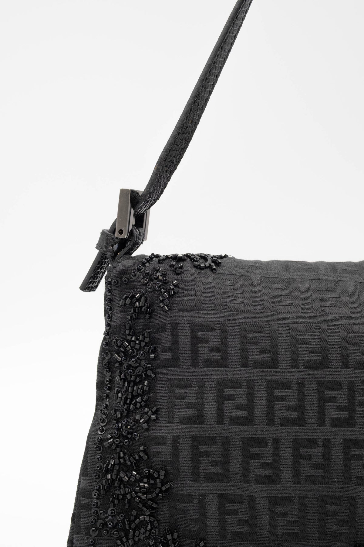 Fendi black zucchino bead abalone clasp baguette purse