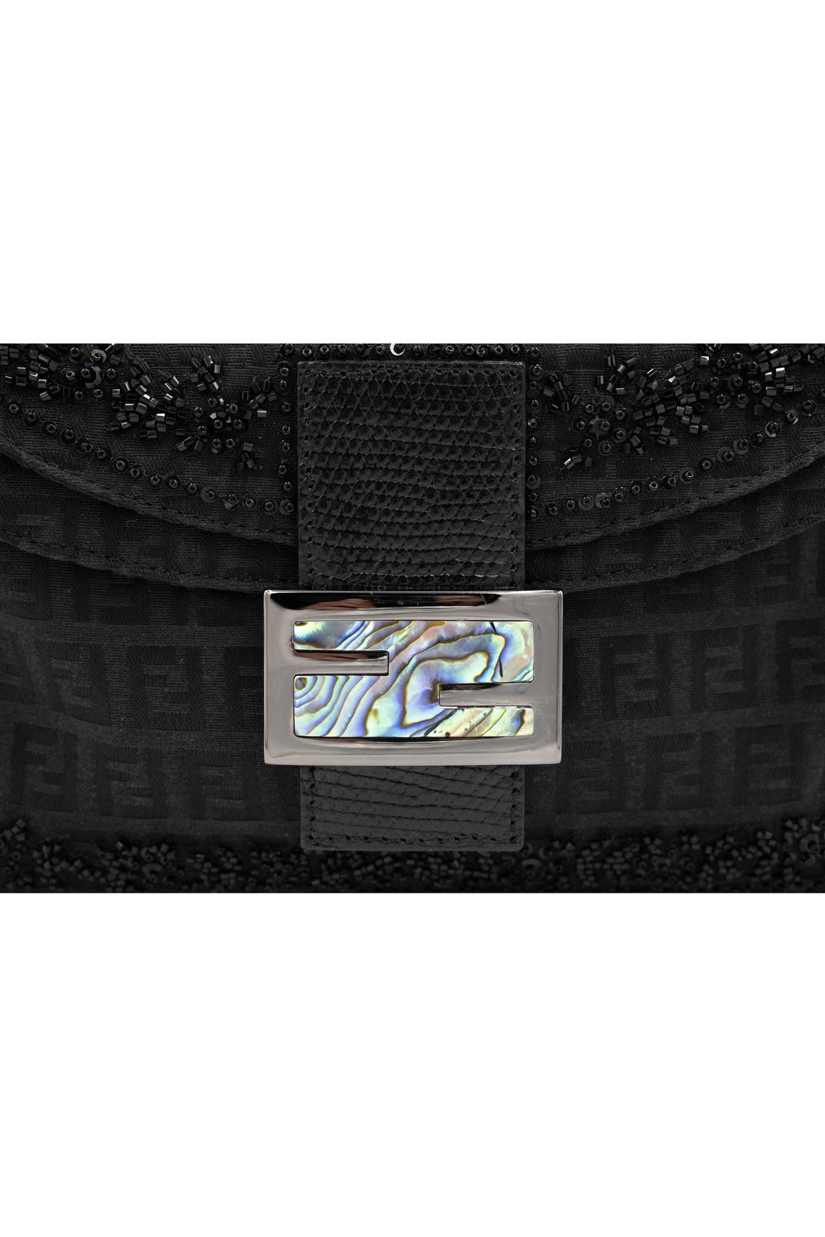 Fendi black zucchino bead abalone clasp baguette purse