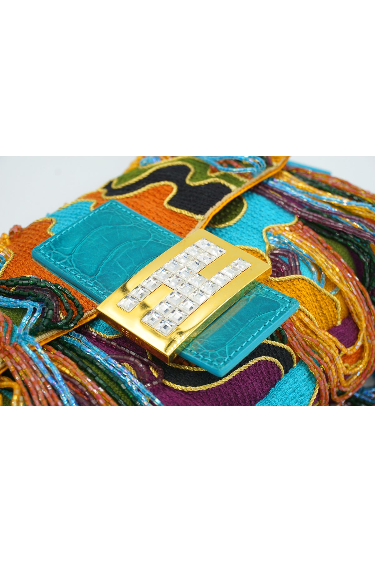 Fendi Multicolor Croc Crystal Clasp Dripping Beads Embroidered Baguette 2005