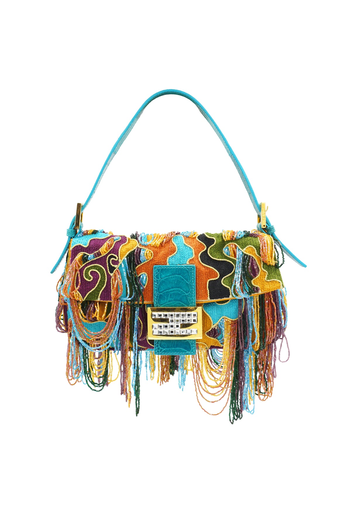 Fendi Multicolor Croc Crystal Clasp Dripping Beads Embroidered Baguette 2005