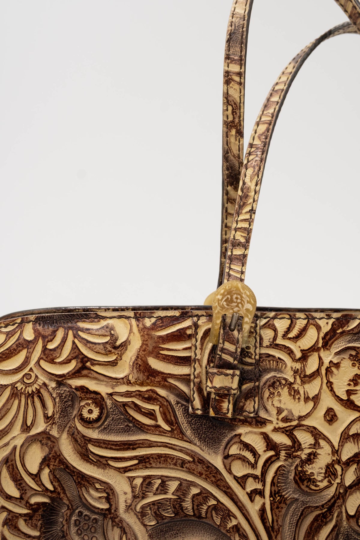 Fendi Brown Tooled Cordoba Purse with Dual Top Handle