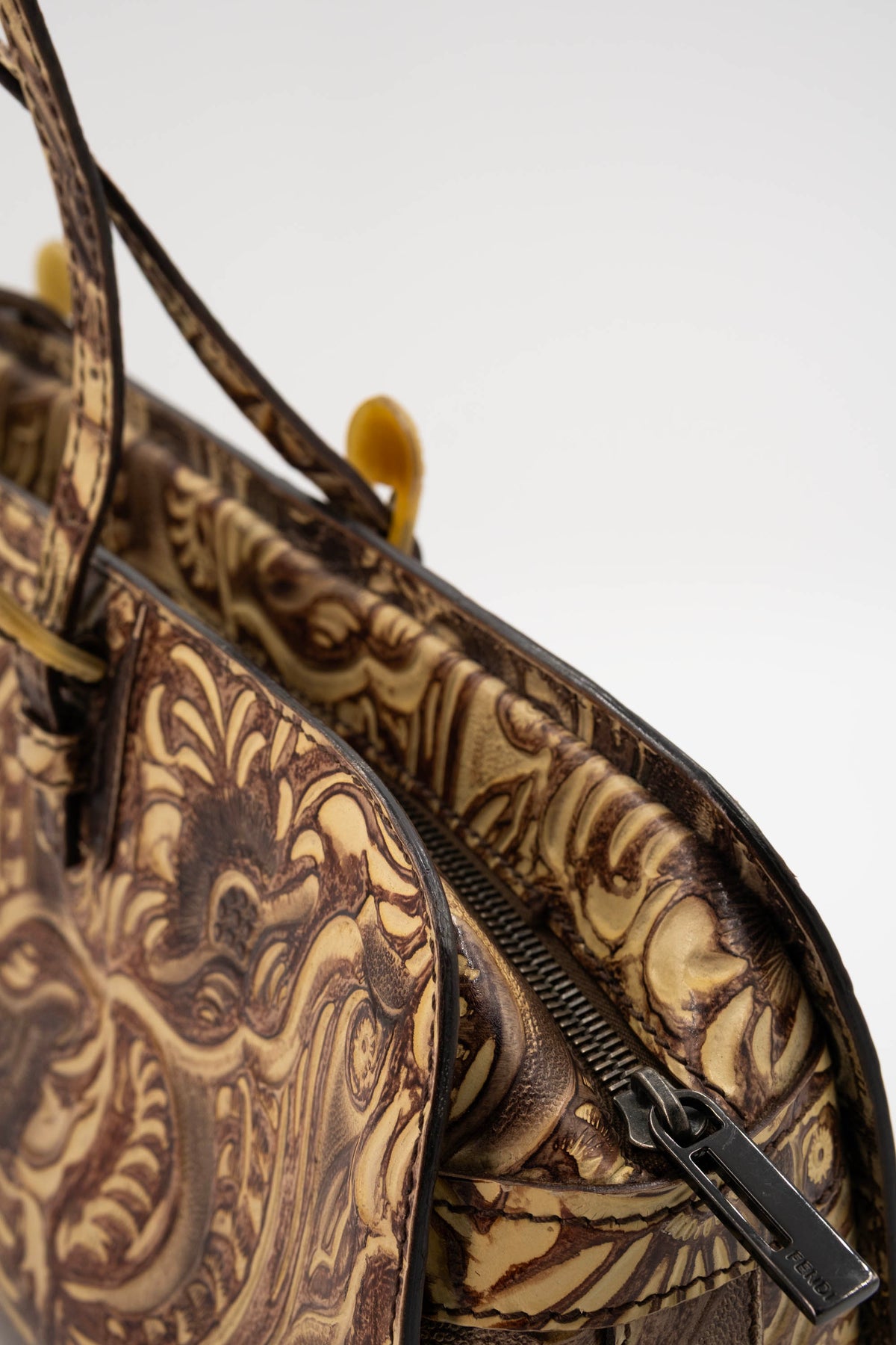 Fendi Brown Tooled Cordoba Purse with Dual Top Handle
