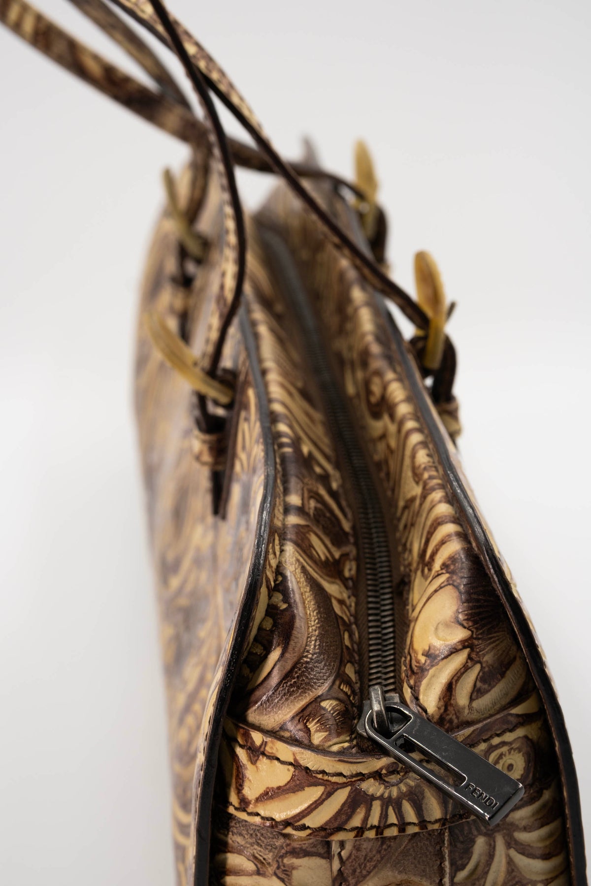 Fendi Brown Tooled Cordoba Purse with Dual Top Handle