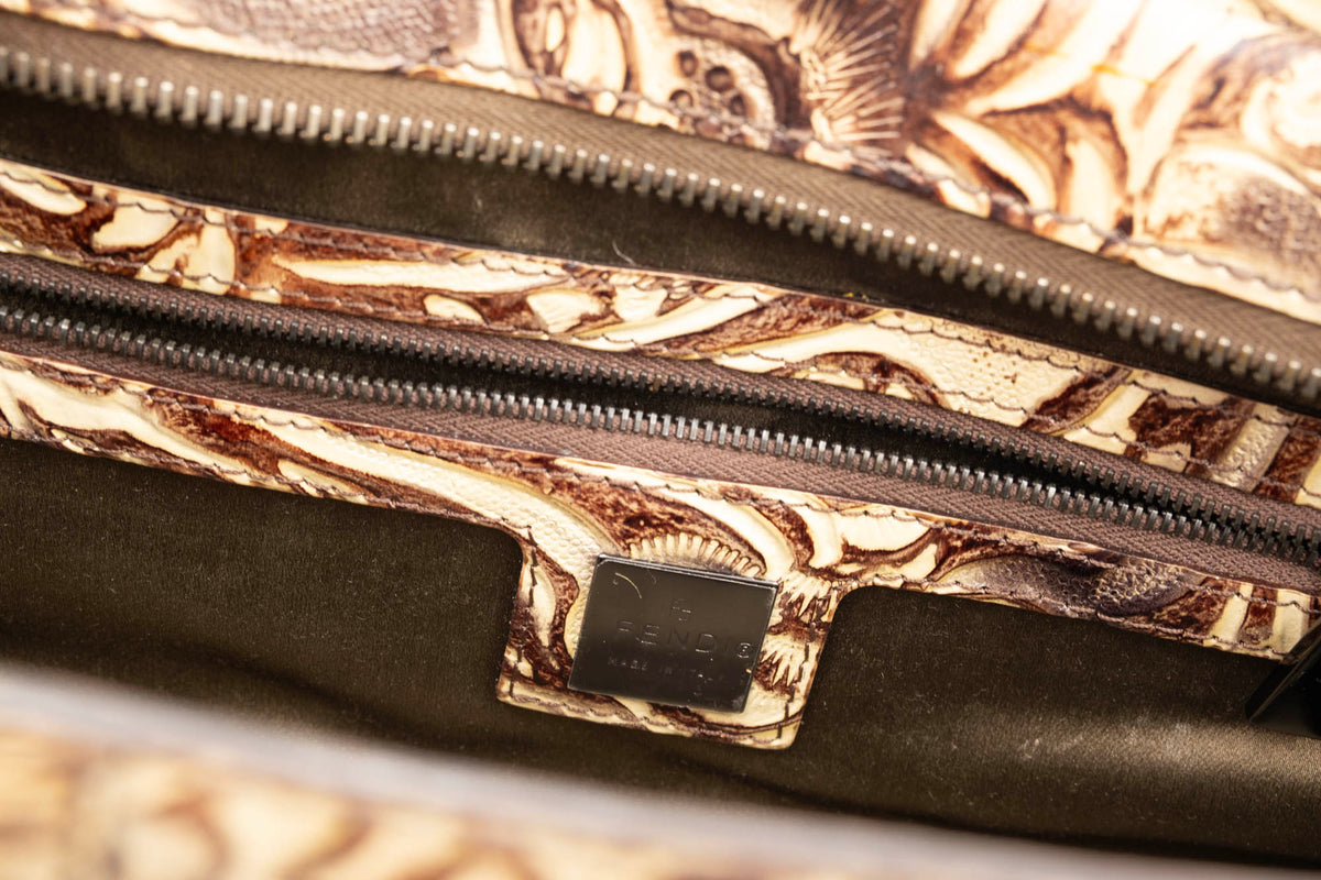 Fendi Brown Tooled Cordoba Purse with Dual Top Handle