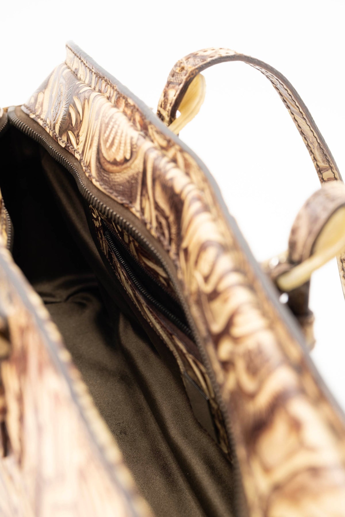 Fendi Brown Tooled Cordoba Purse with Dual Top Handle
