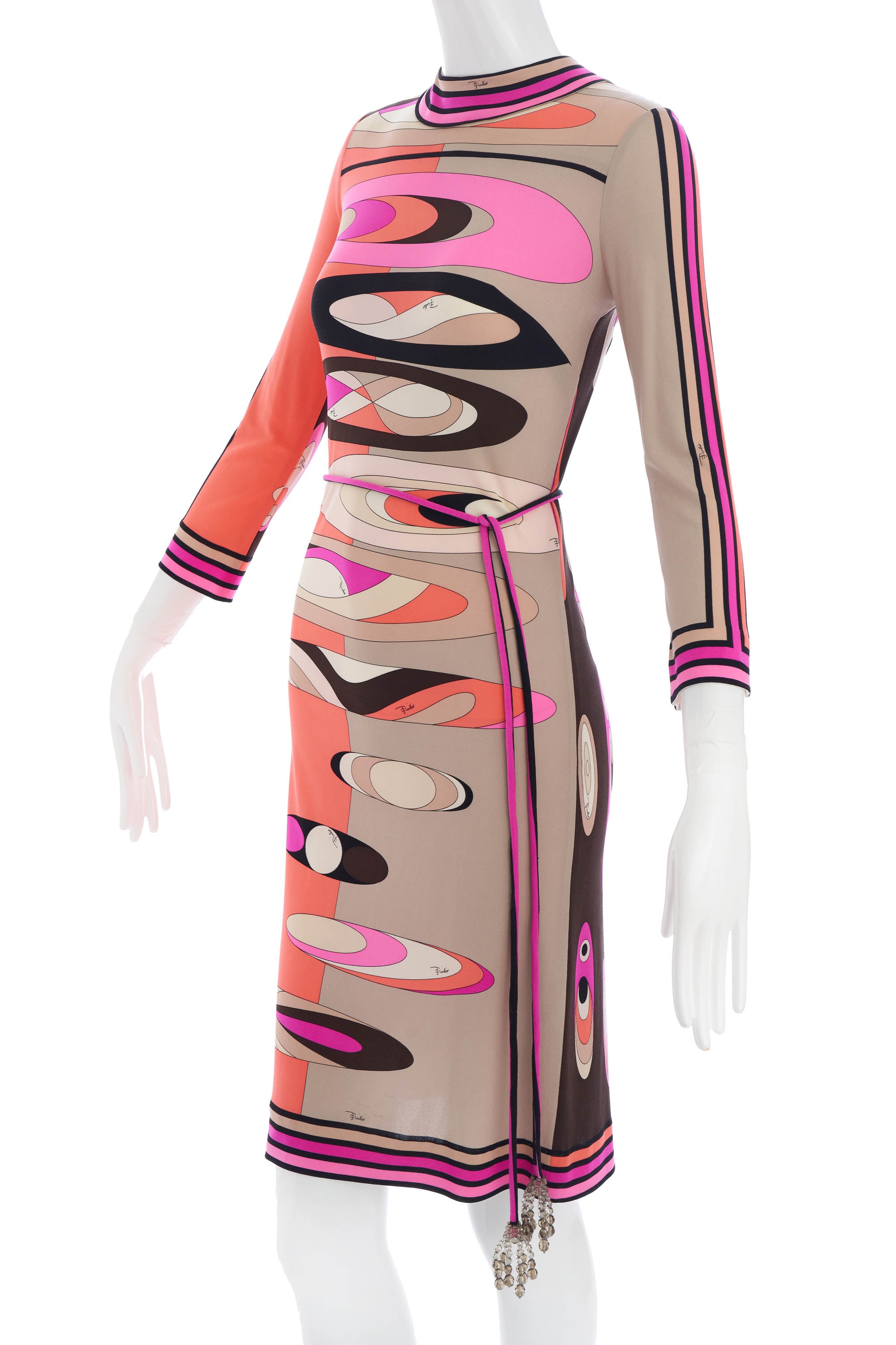 Emilio Pucci Pink and Orange Modern Print Dress with Crystal Belt Size M