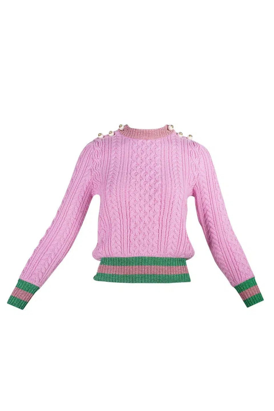 Gucci by Alessandro Michel Pink Knit Sweater with Pearl GG Buttons Size XS - Foxy Couture Carmel