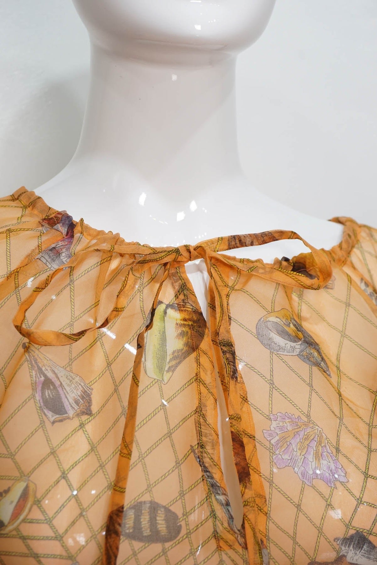 Gucci Coral Organza Fish Shell Print Skirt Blouse Belt 1970s Size 2-4