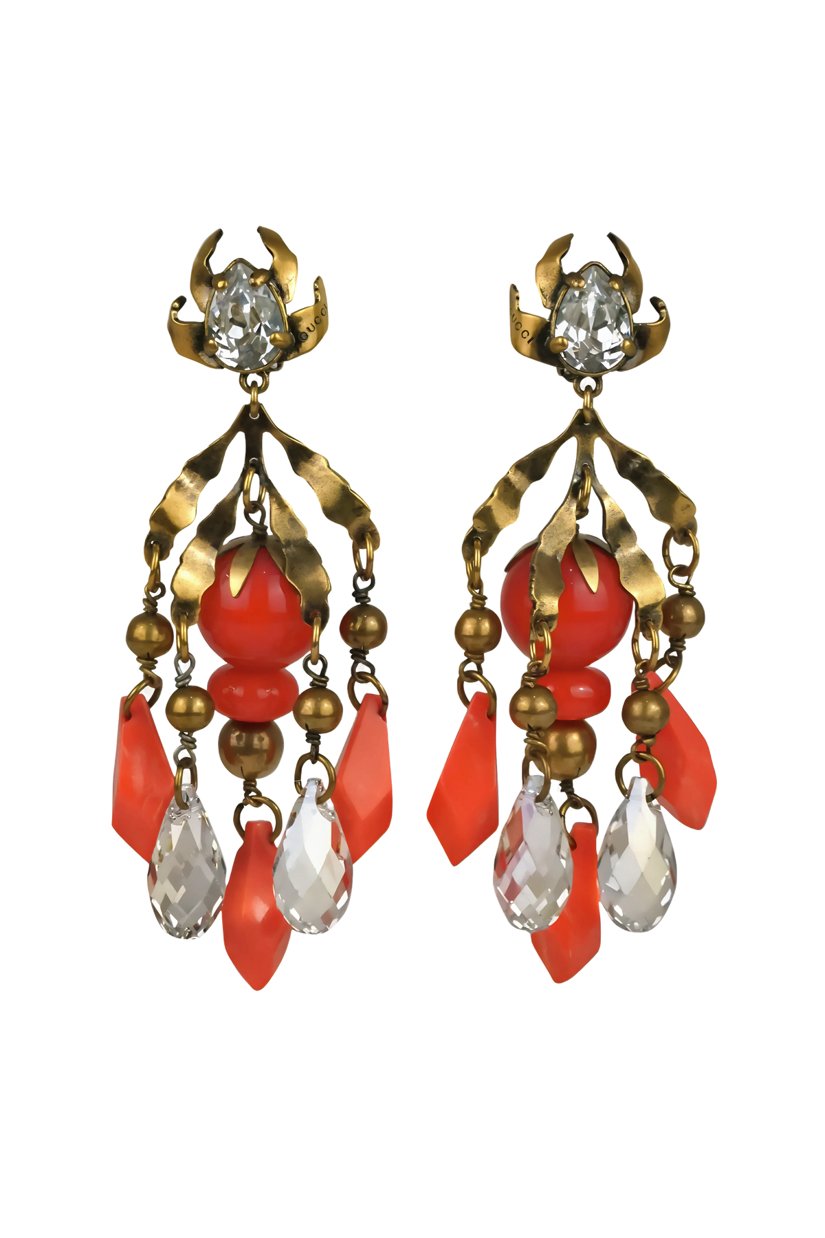 Gucci Crystal &amp; Coral Bead Chandelier Earrings