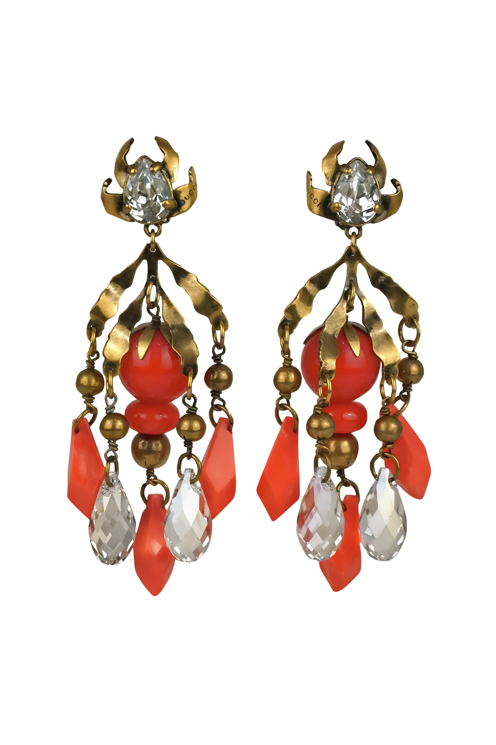Gucci Crystal & Coral Bead Chandelier Earrings