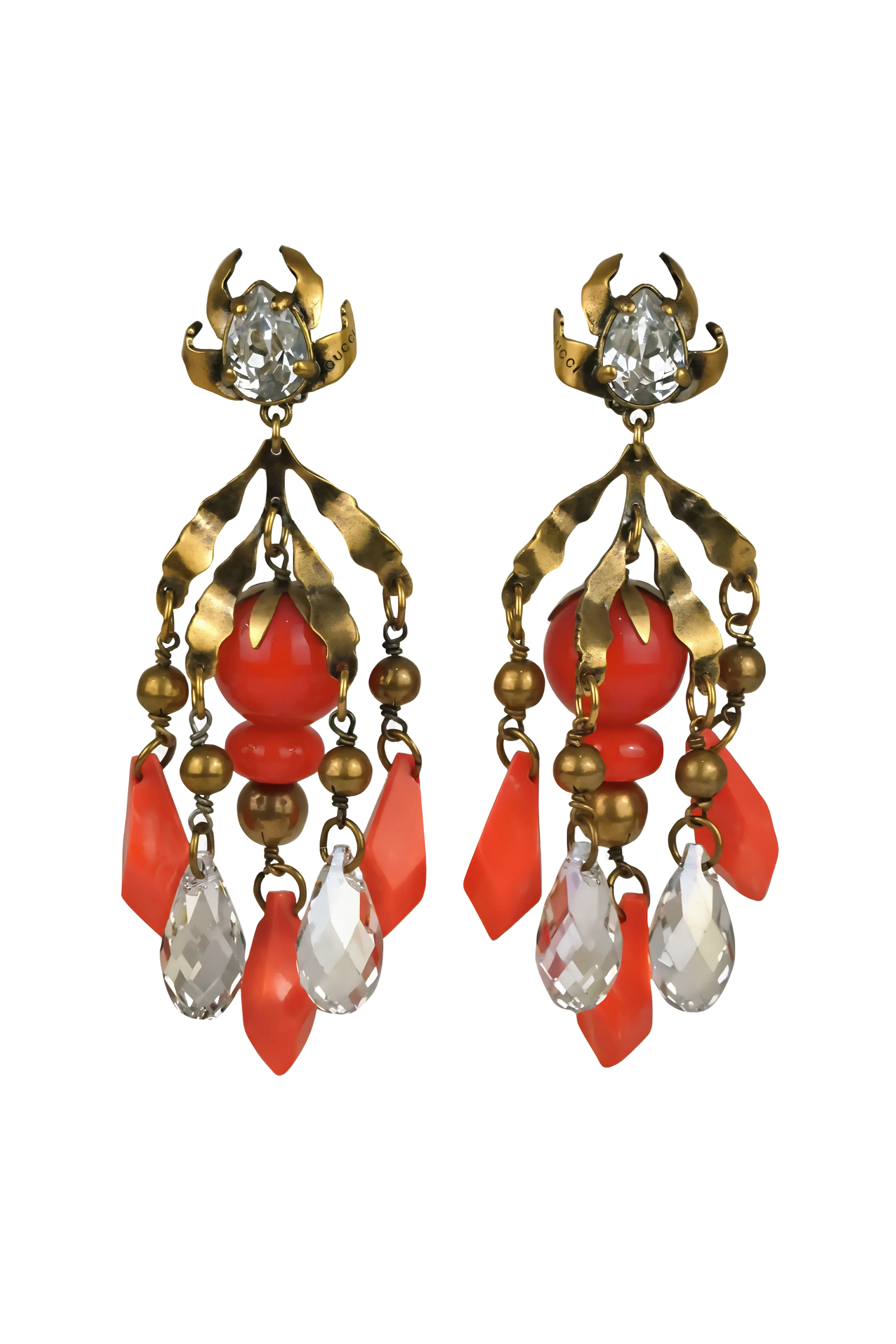 Gucci Crystal & Coral Bead Chandelier Earrings