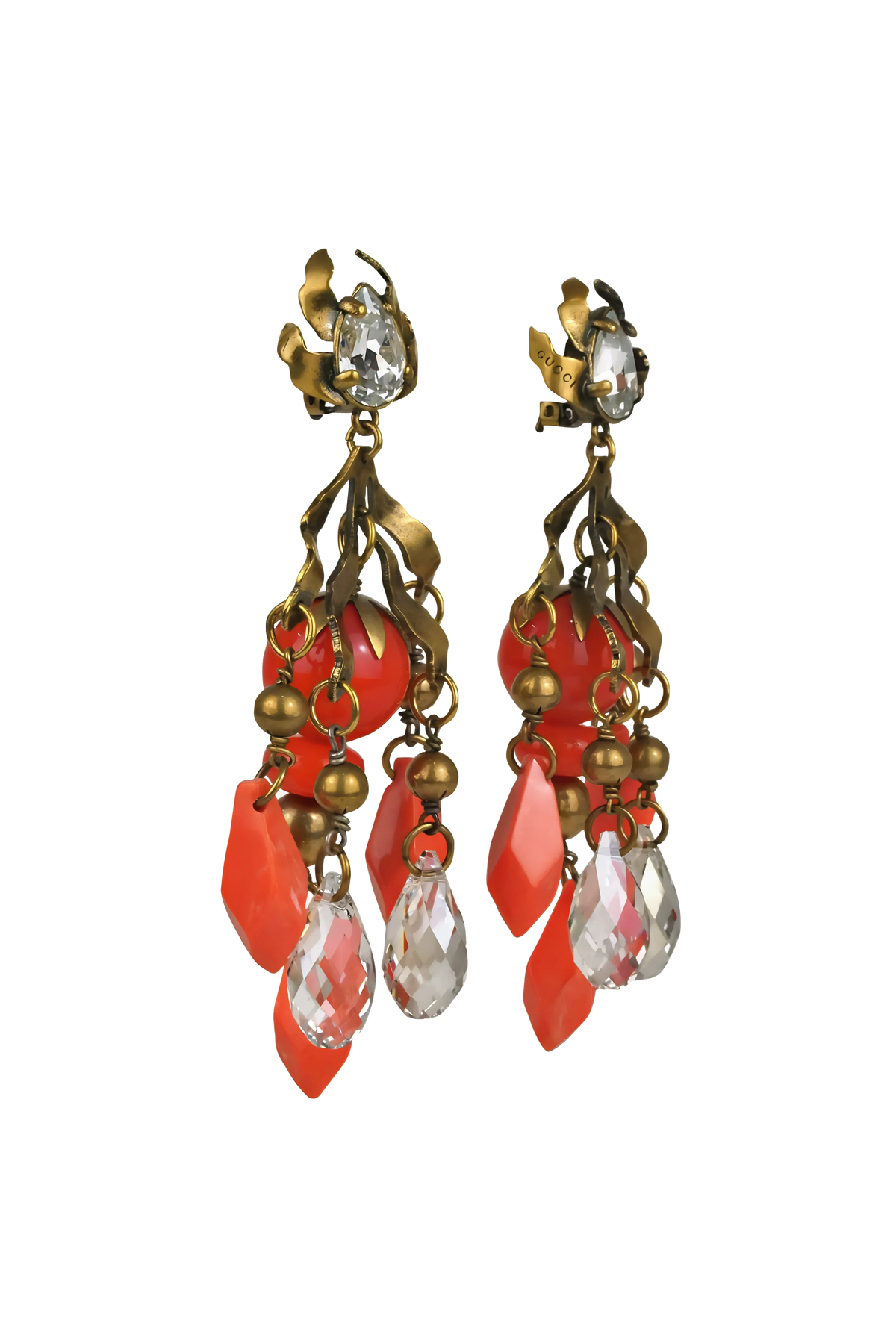 Gucci Crystal &amp; Coral Bead Chandelier Earrings