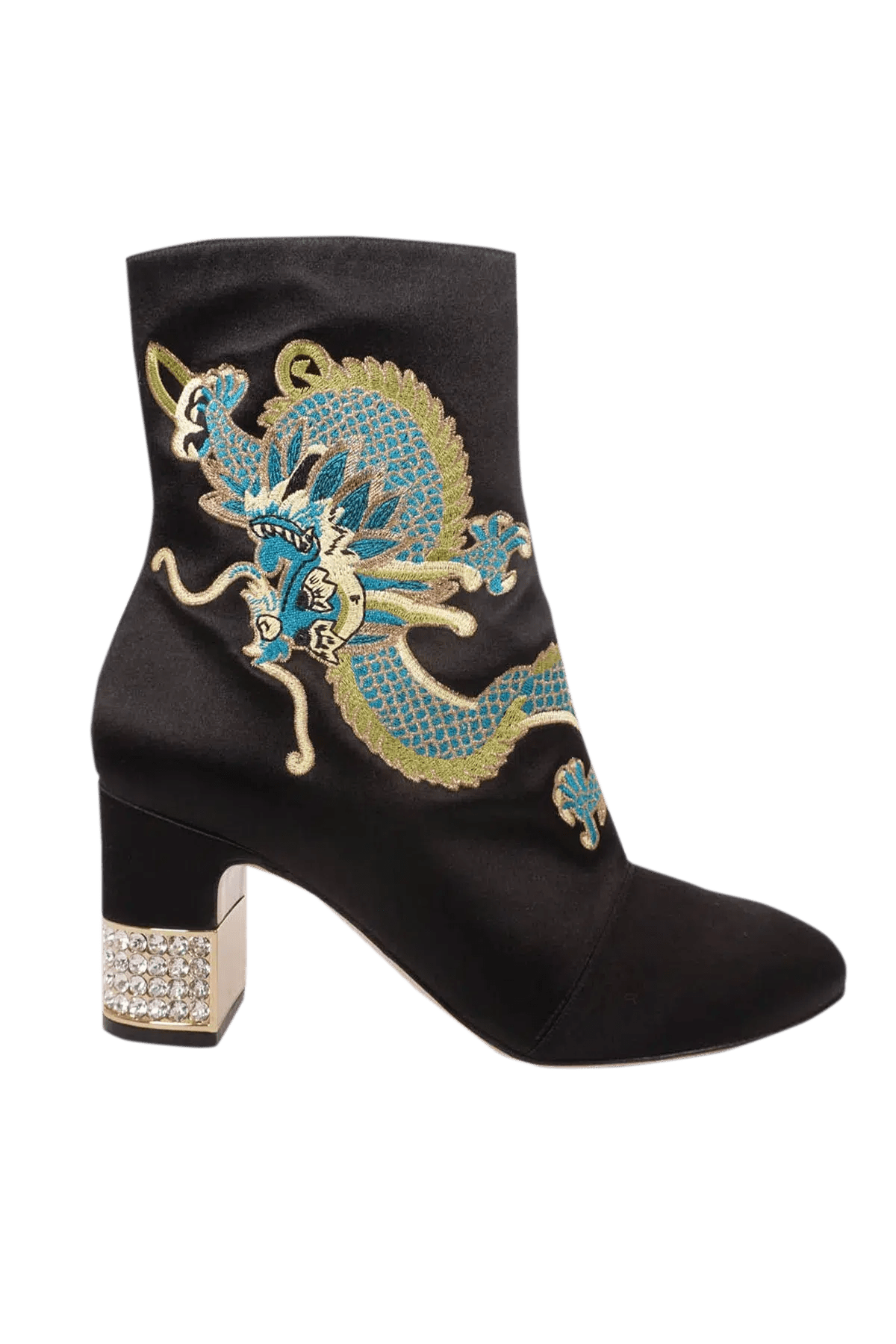 Gucci Size 39.5 Black Candy Dragon Embroidered Satin Ankle Boots - Foxy Couture Carmel