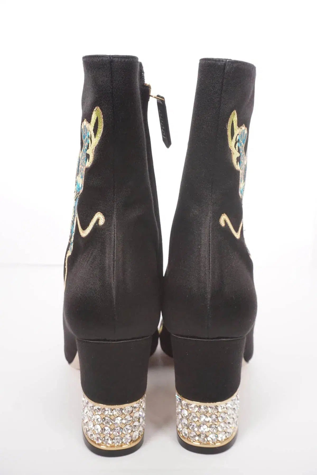 Gucci Size 39.5 Black Candy Dragon Embroidered Satin Ankle Boots