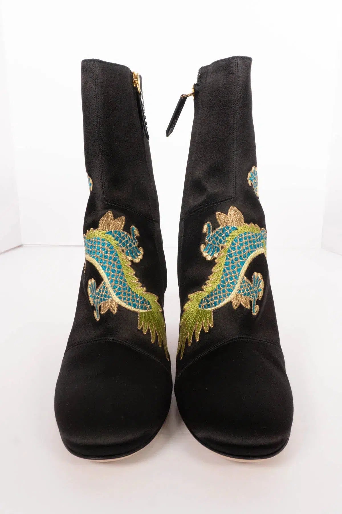 Gucci Size 39.5 Black Candy Dragon Embroidered Satin Ankle Boots