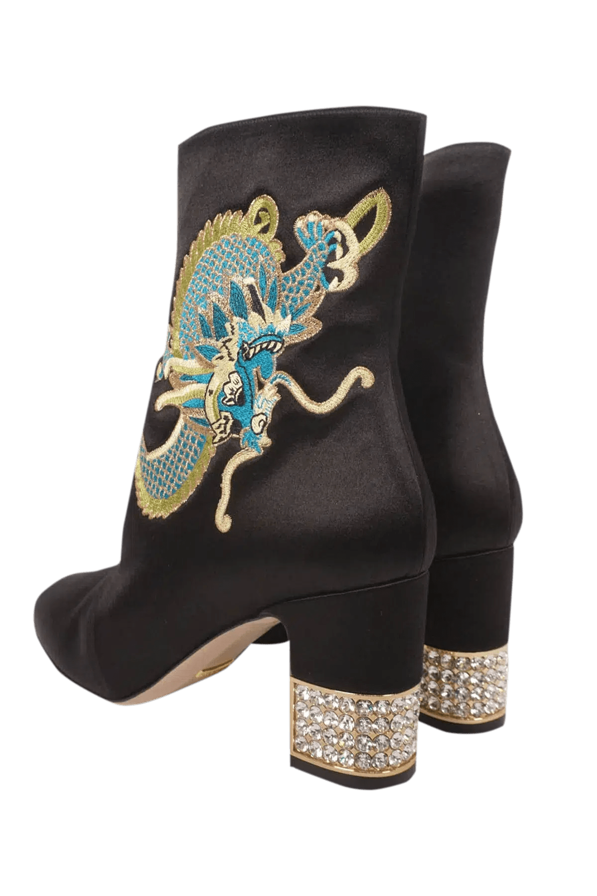 Gucci Size 39.5 Black Candy Dragon Embroidered Satin Ankle Boots - Foxy Couture Carmel