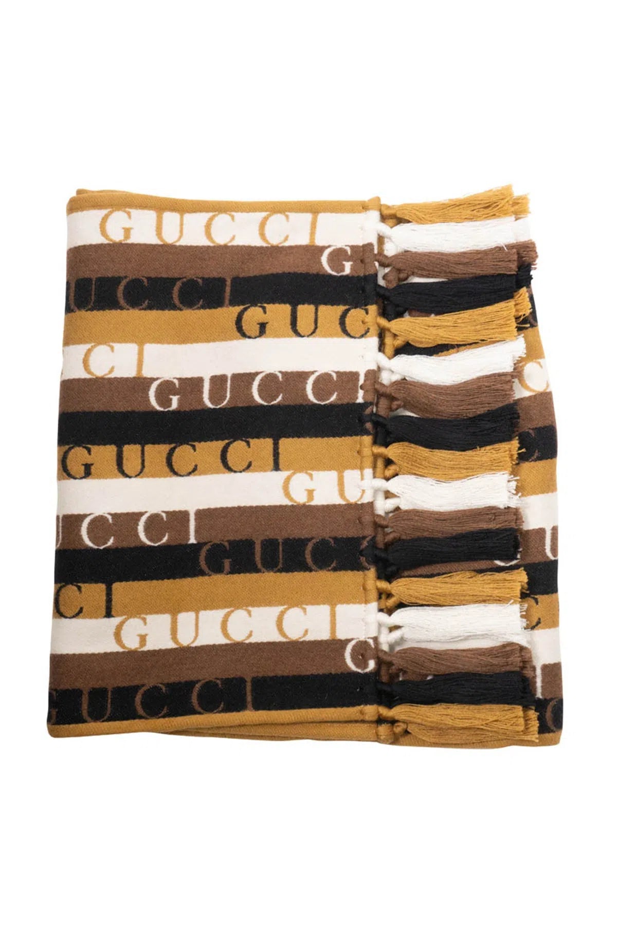 Gucci "Stripes Wood" Wool Fringe Logo Scarf 2021 NWT - Foxy Couture Carmel