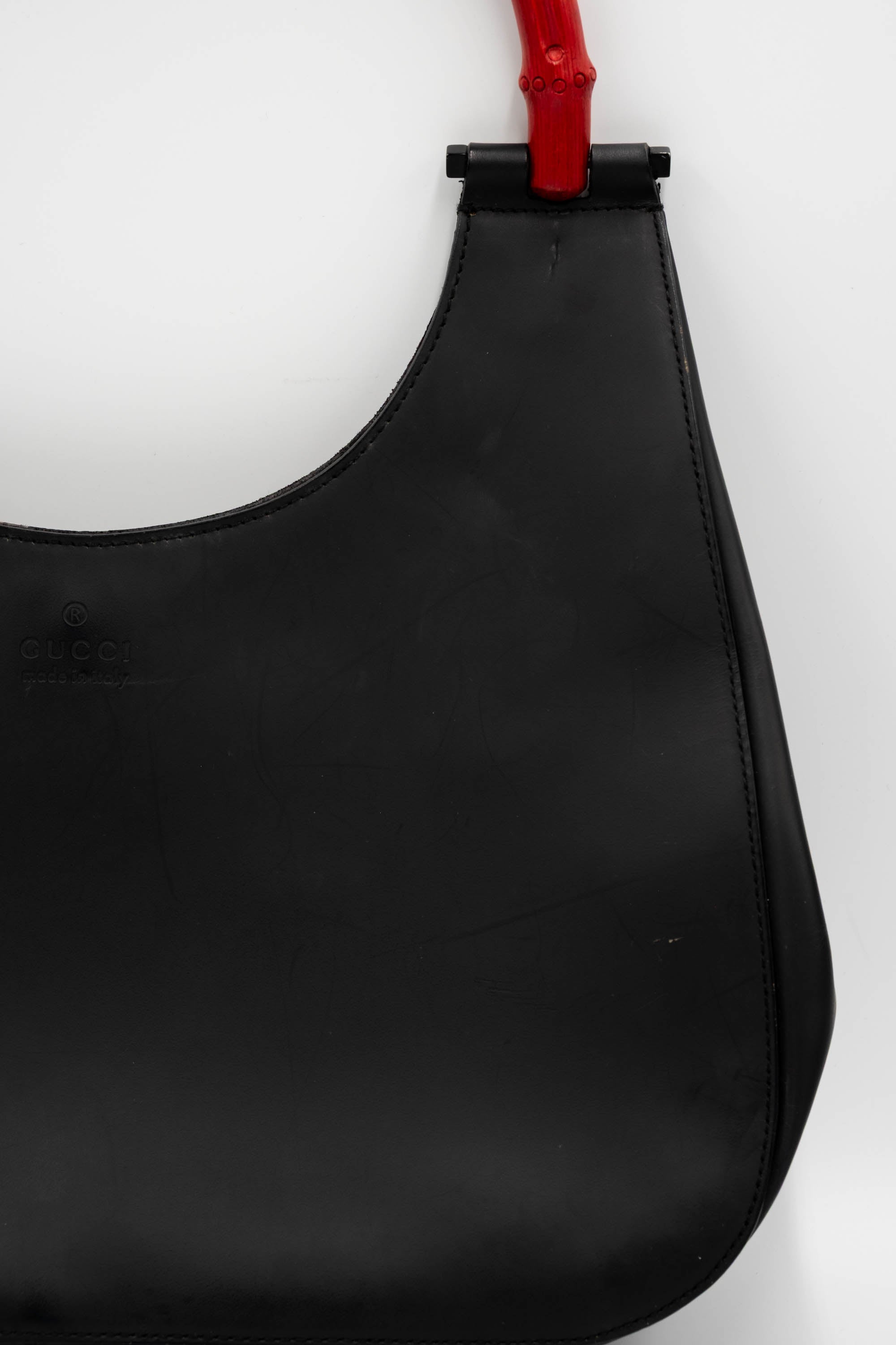 Gucci Black Leather Red Bamboo Handle Shoulder Hobo Bag Purse Tom