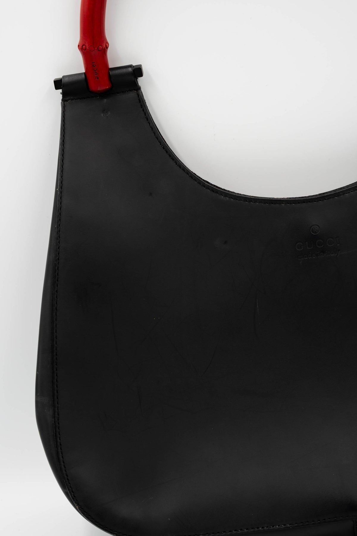 Gucci Black Leather Red Bamboo Handle Shoulder Hobo Bag Purse Tom Ford 1999