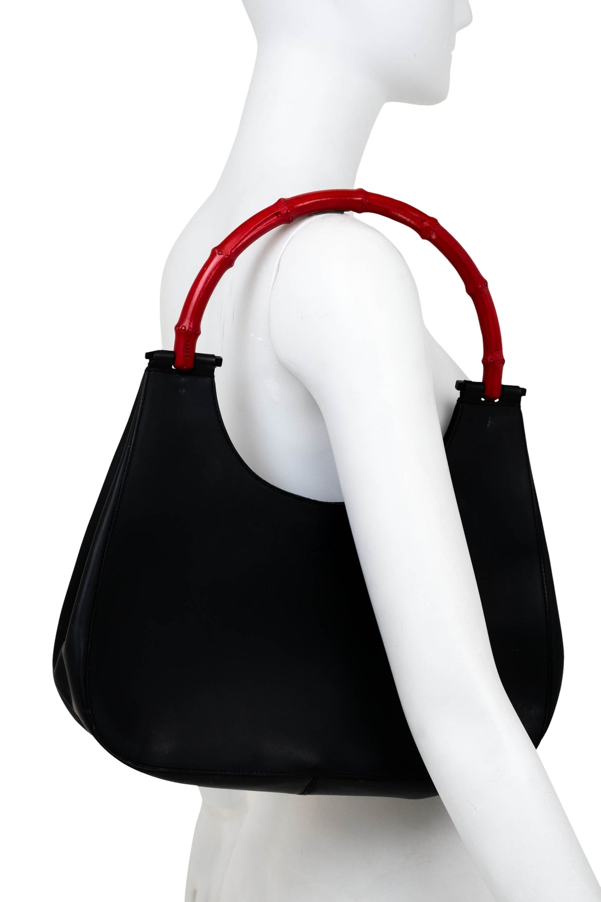 Gucci Black Leather Red Bamboo Handle Shoulder Hobo Bag Purse Tom Ford 1999