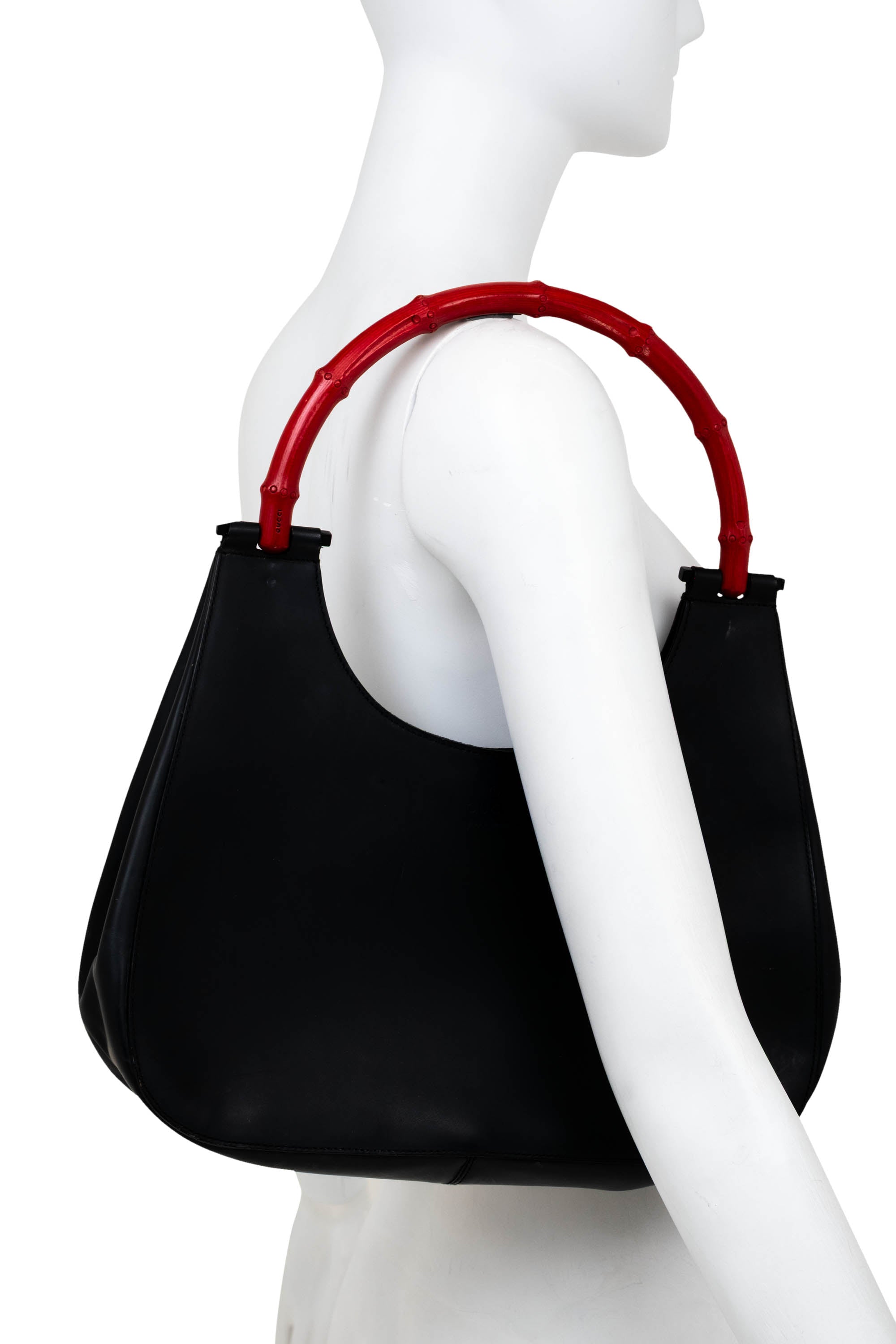 Gucci Black Leather Red Bamboo Handle Shoulder Hobo Bag Purse Tom