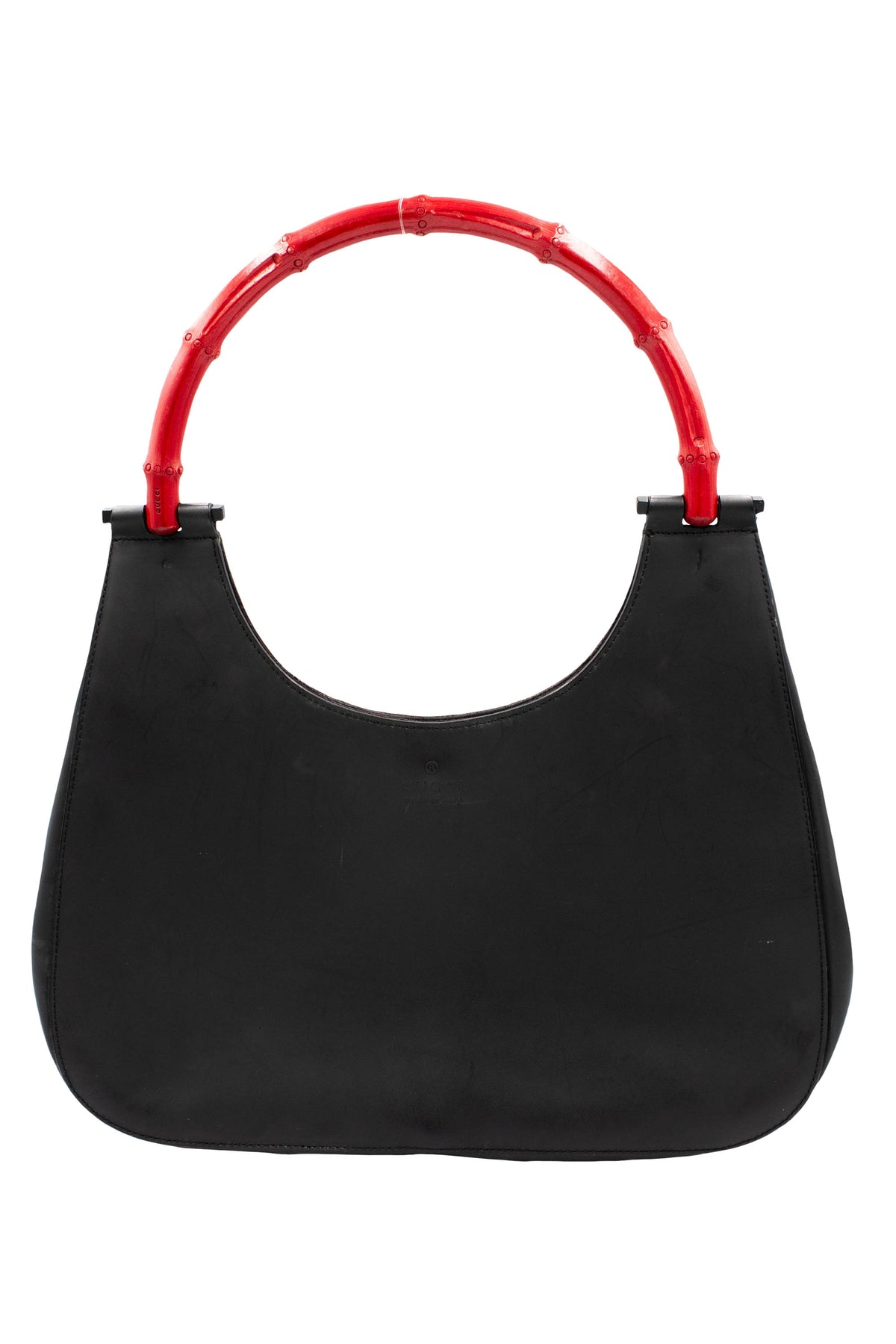 Gucci Black Leather Red Bamboo Handle Shoulder Hobo Bag Purse Tom Ford 1999