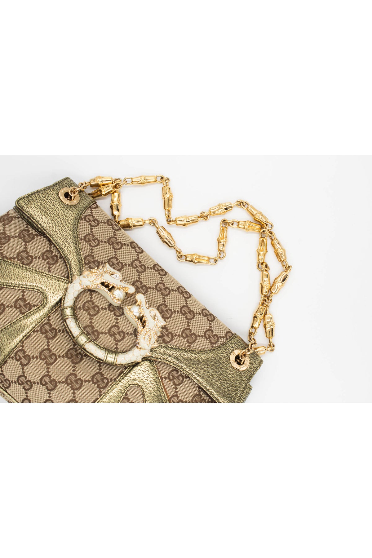 Gucci by tom ford gold and brown supreme pattern dragon shoulder purse