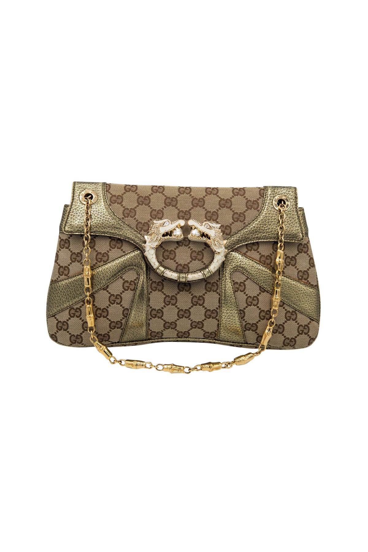 Gucci by tom ford gold and brown supreme pattern dragon shoulder purse